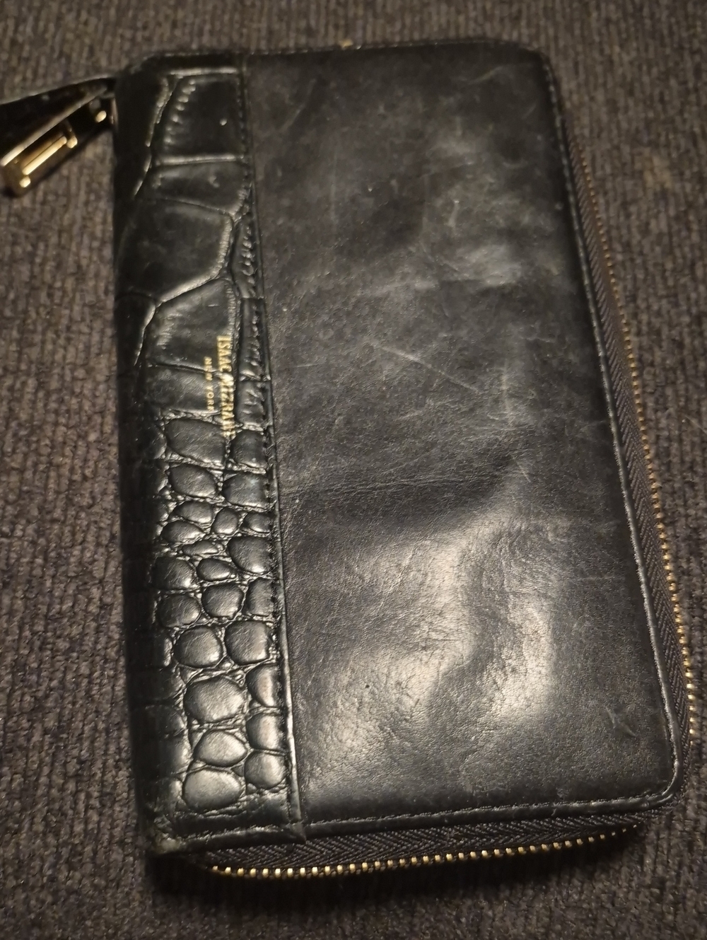 Isaac Mizrahi Black Leather Zip-Around Wallet with Croc-Emboss Accent